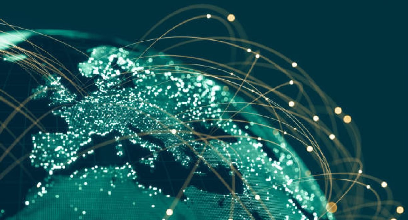 Blue Globe viewing from space at night with connections between cities.
(World Map Courtesy of NASA: https://visibleearth.nasa.gov/view.php?id=55167)