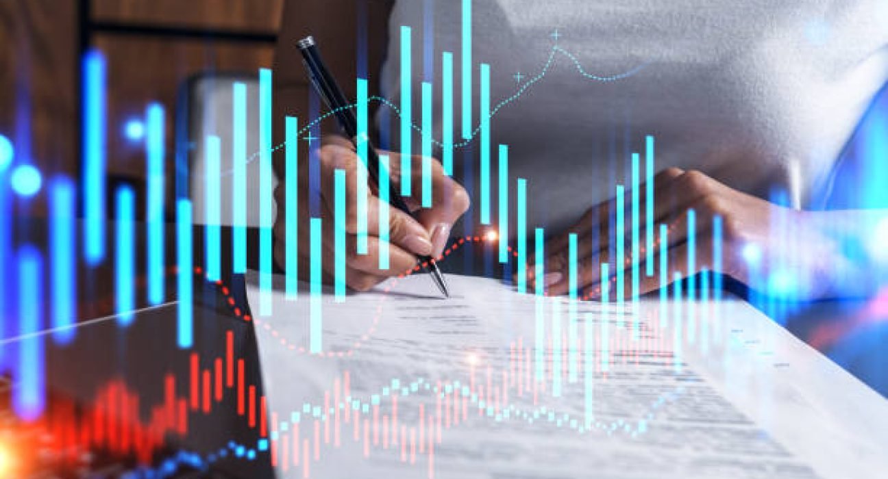 Woman signs agreement. Forex financil market chart and graph hologram. Double exposure . Brokerage concept.